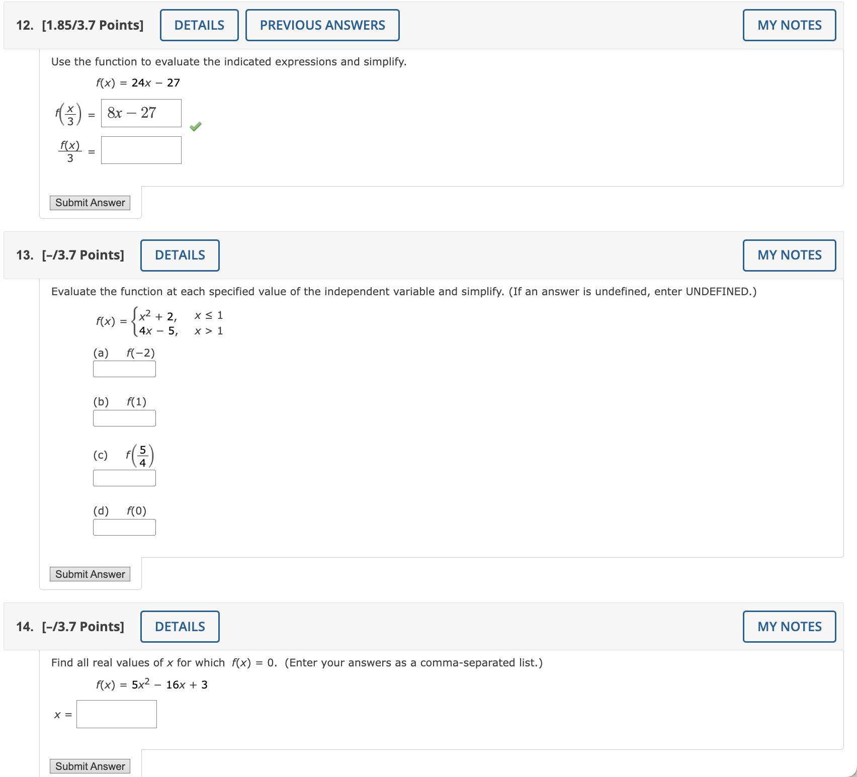 Solved [1.85/3.7 ﻿Points]Use the function to evaluate the | Chegg.com