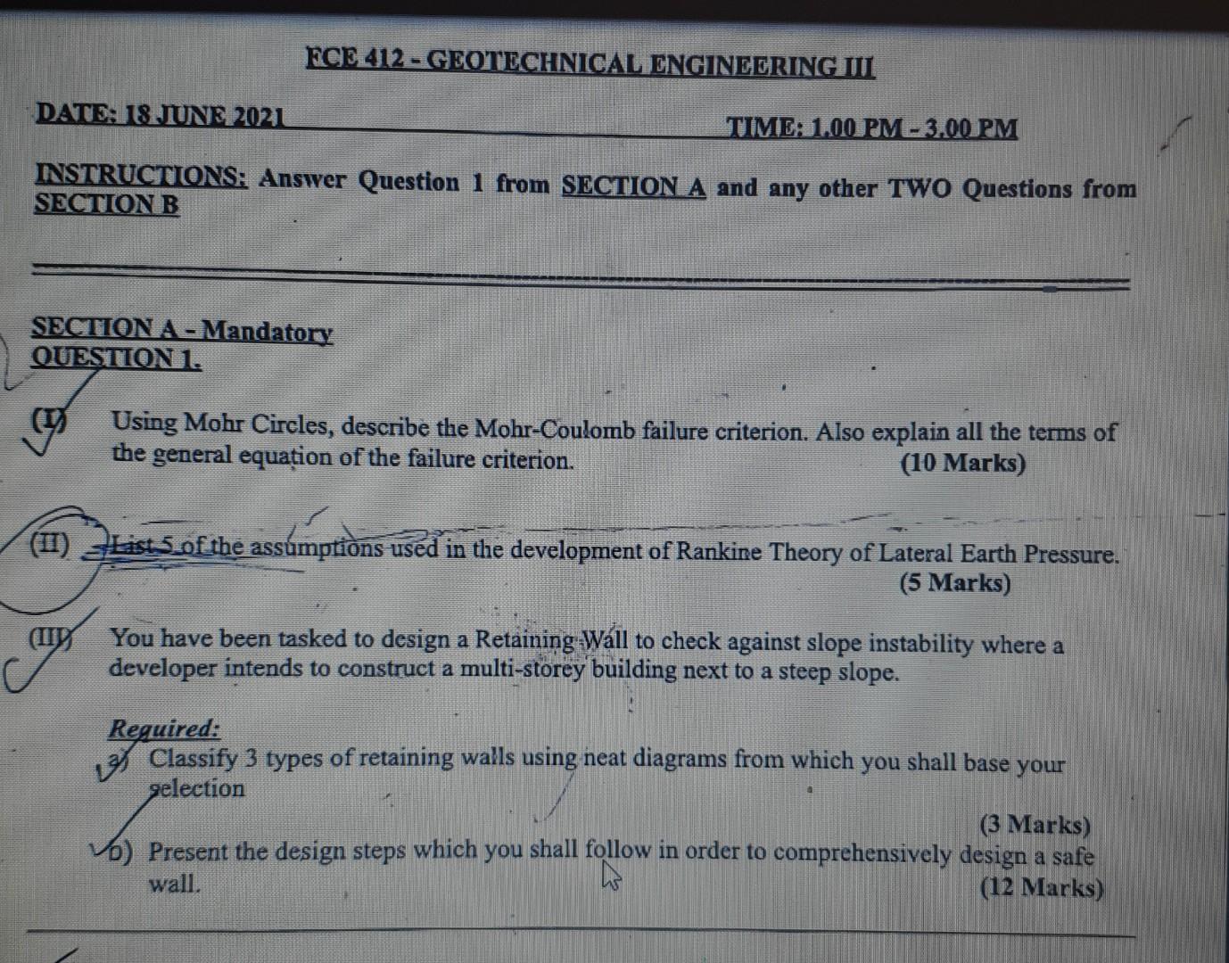 Solved FCE 412 - GEOTECHNICAL ENGINEERING III DATE: 18 JUNE | Chegg.com