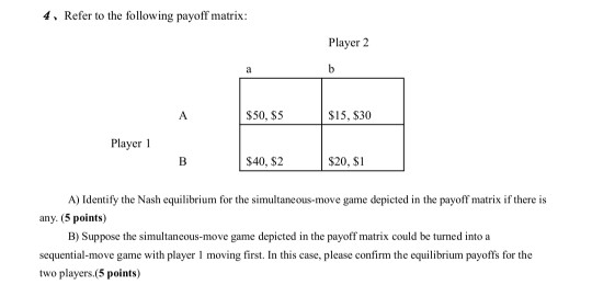 Solved 4. Refer to the following payoff matrix: Player 2 b A | Chegg.com