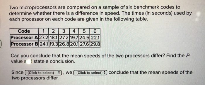 Solved Two microprocessors are compared on a sample of six