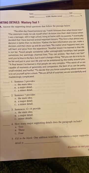 Answer the supporting-detail questions that follow | Chegg.com