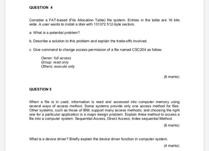 Solved QUESTION 4 Consider a FAT-based (File Allocation | Chegg.com
