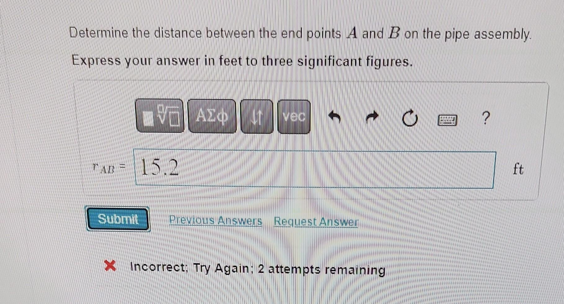 Determine the distance between the end points \( A \) and \( B \) on the pipe assembly. Express your answer in feet to three 