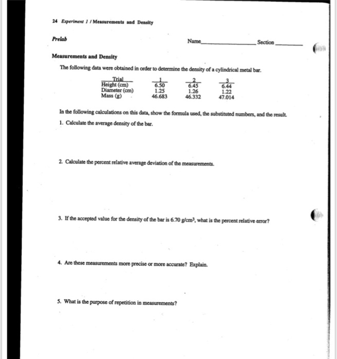 experiment 1 measurements mass volume density and boiling point