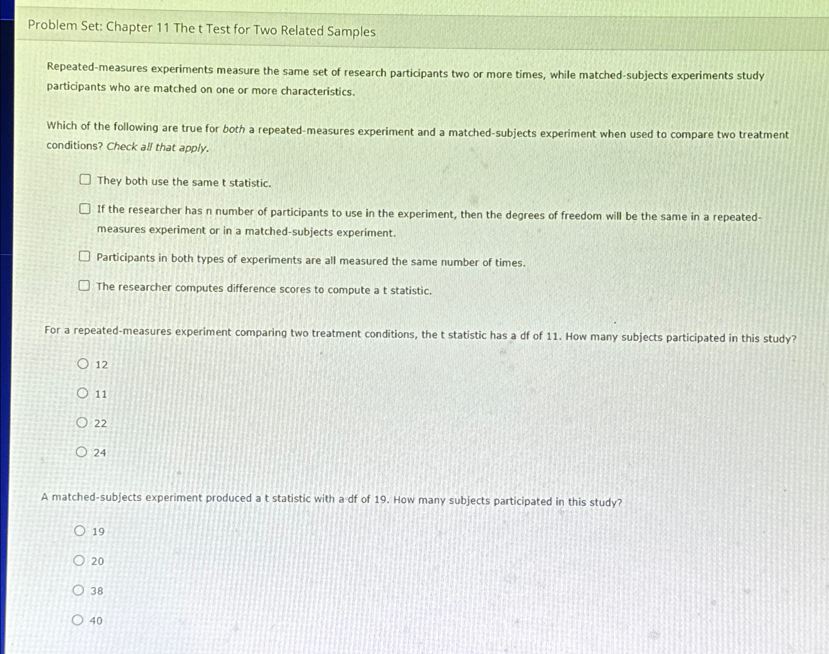 Problem Set: Chapter 11 ﻿The t Test for Two Related | Chegg.com