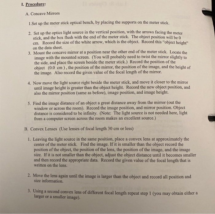 I. Procedure A. Concave Mirrors 1.Set up the meter