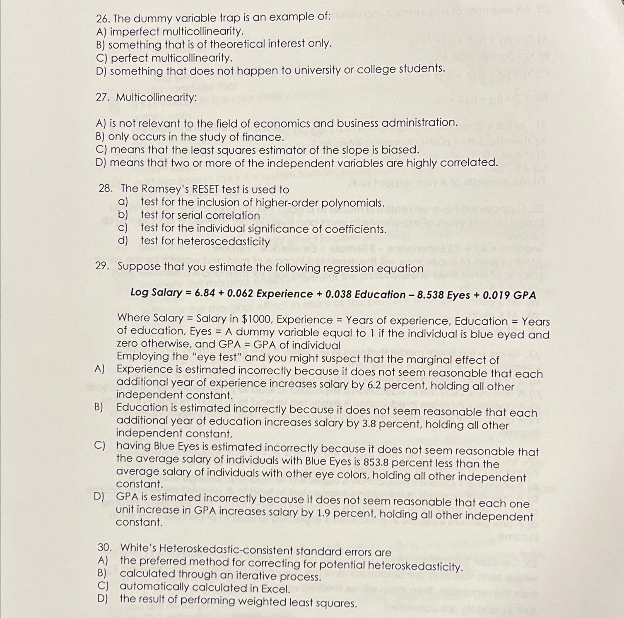 Solved The dummy variable trap is an example ofA)