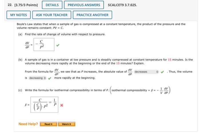 Solved Boyle's Law States That When A Sample Of Gas Is | Chegg.com