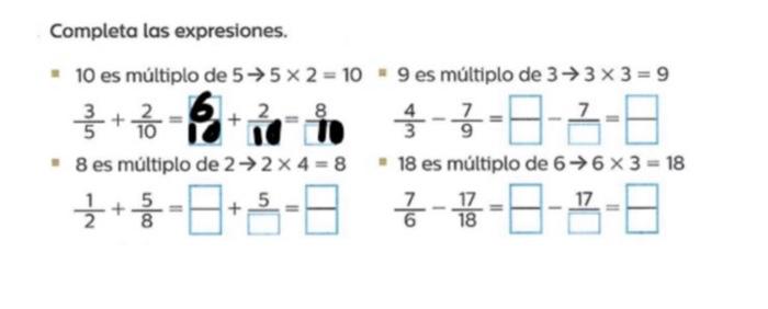 Completa las expresiones. 10 es múltiplo de \( 5 \rightarrow 5 \times 2=10 \) 9 es múltiplo de \( 3 \rightarrow 3 \times