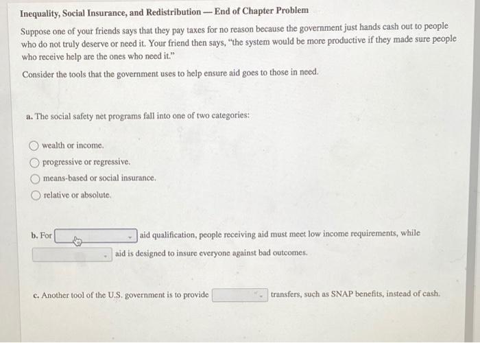 Solved Inequality, Social Insurance, and Redistribution-- | Chegg.com