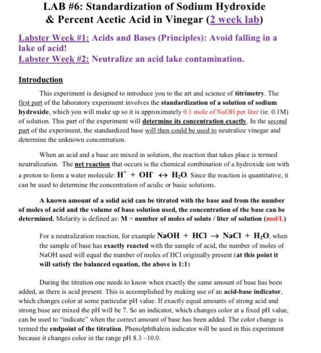 Solved LAB 6 Standardization of Sodium Hydroxide & Percent