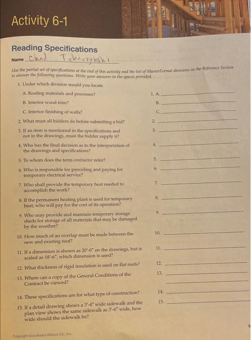 Solved Activity 61 Reading Specifications Name We LA ch .