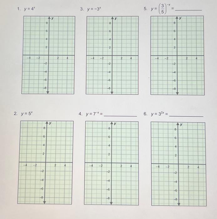 \( y=4^{x} \) 3. \( y=-3^{x} \) 5. \( y=\left(\frac{3}{5}\right)^{-x}= \) \( y=5^{x} \) 4. \( y=7^{-x}= \) 6. \( y=3^{2 x}= \