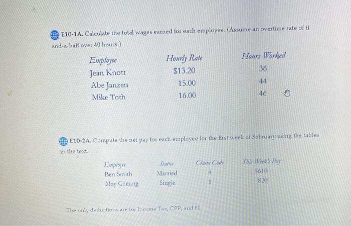 Solved E10-1A. Calculate the total wages earned for each | Chegg.com