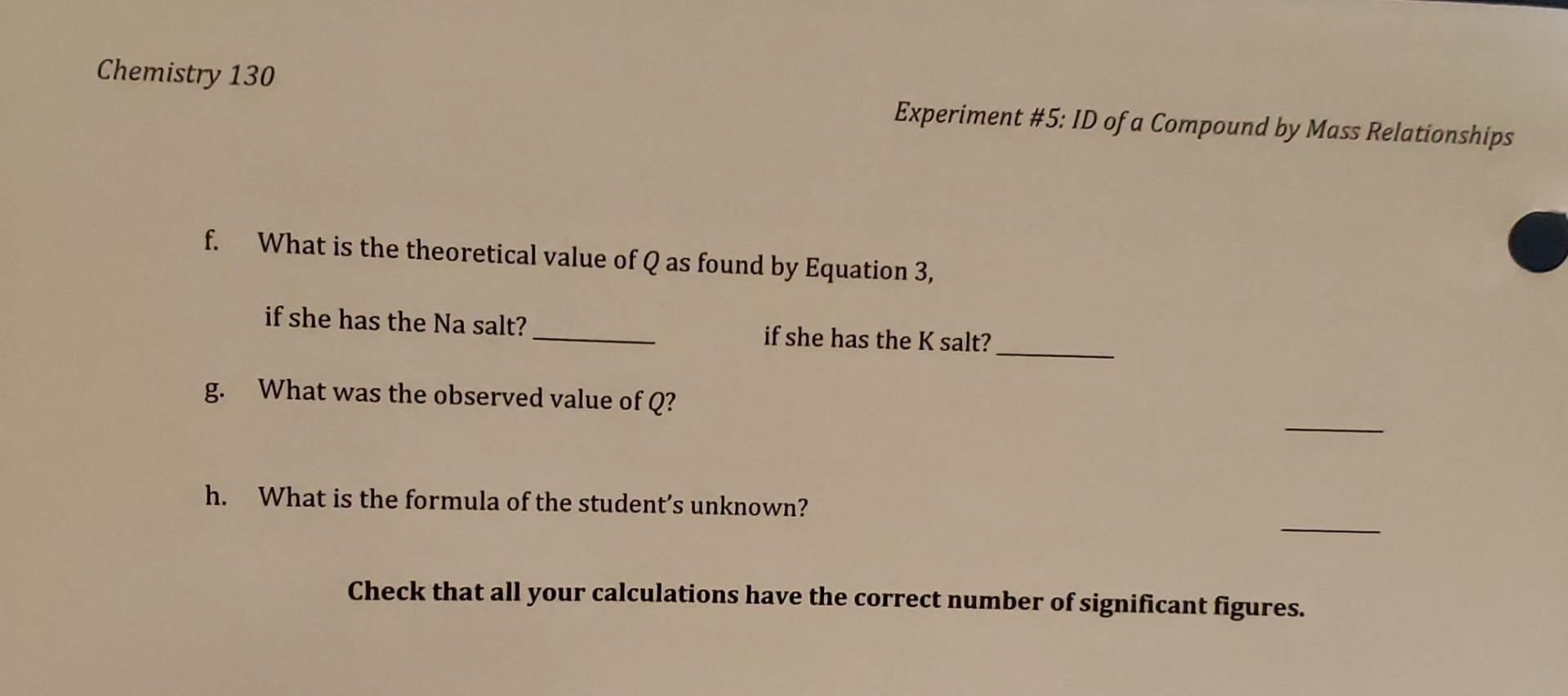 Experiment #5: Identification of a Compound by Mass | Chegg.com