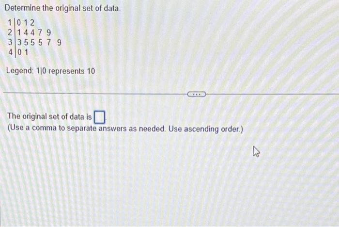 Determine the original set of data.
Legend: \( 1 \mid 0 \) represents 10
The original set of data is
(Use a comma to separate
