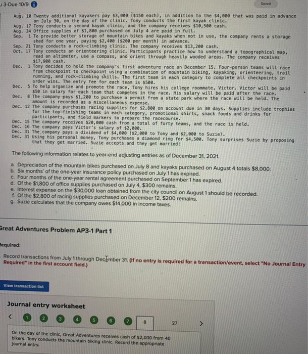 Solved Great Adventures Problem AP3-1 [The following | Chegg.com