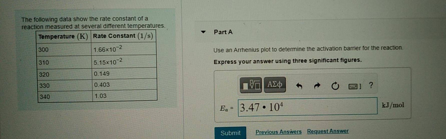 Solved Part A The following data show the rate constant of a | Chegg.com
