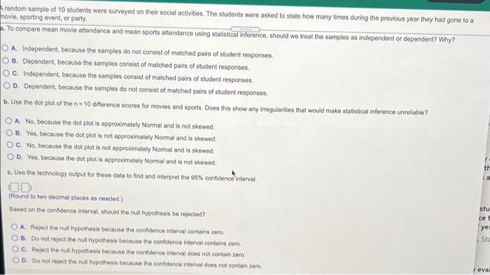 Solved random sample of 10 students were surveyed on their | Chegg.com