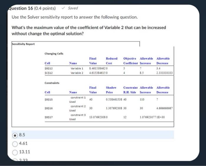 Solved Use the Solver sensitivity report to answer the | Chegg.com