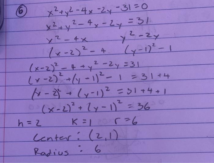 Solved For The Equation X2 Y2 4x 2y 31 0 Do The Chegg Com