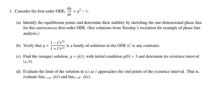 Solved dy 1. Consider the first-order ODE. = y2 - 1 dt (a) | Chegg.com