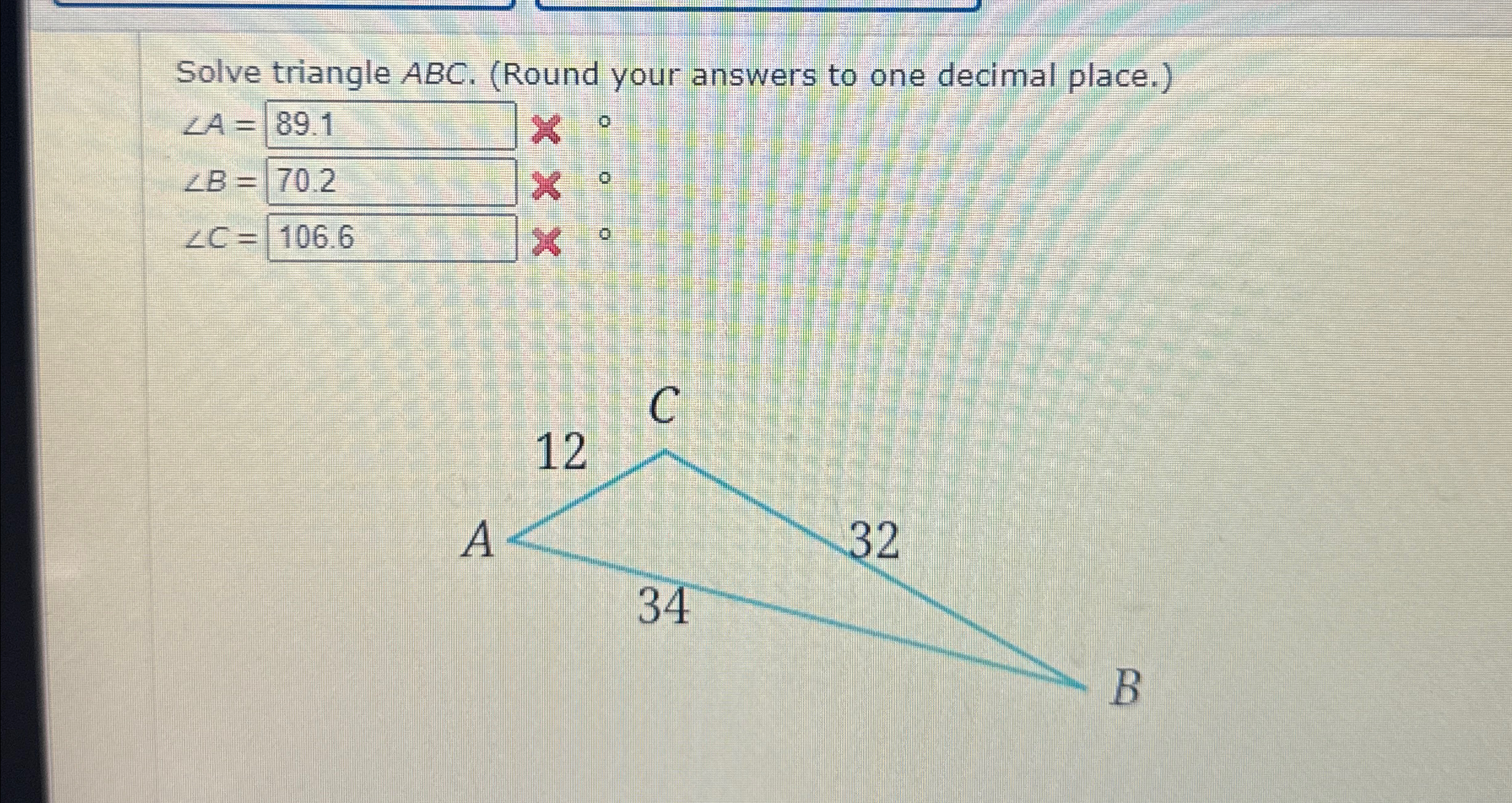 Solved Solve triangle ABC. (Round your answers to one | Chegg.com