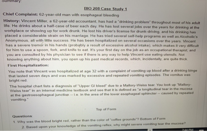 Solved Summary: BIO 208 Case Study 1 Chief Complaint: | Chegg.com