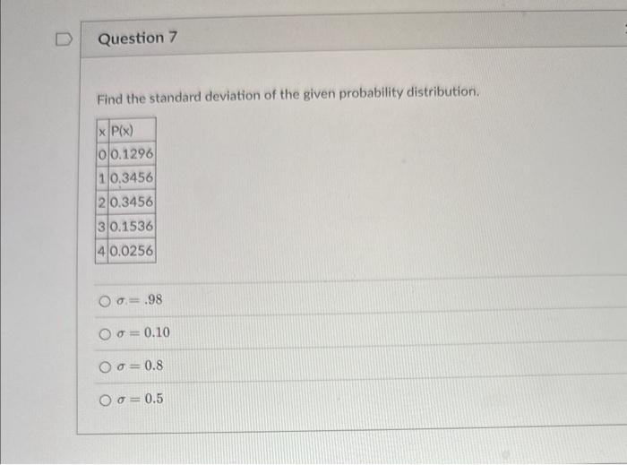 Solved Find the standard deviation of the given probability | Chegg.com