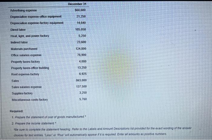 Required:
1. Prepare the statement of cost of goods manufactured.
2. Prepsre the income statement. 
Be sure to complete th