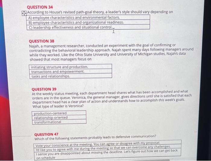 Solved QUESTION 34 According to House's revised path-goal | Chegg.com