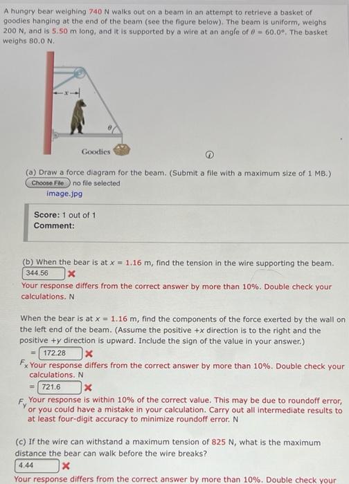 Solved A hungry bear weighing 740 N walks out on a beam in | Chegg.com