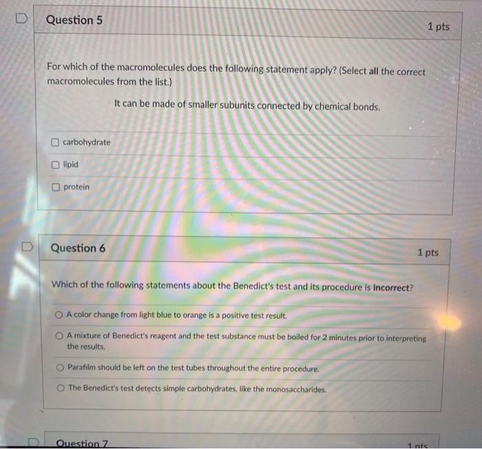 Solved Question 5 1 pts For which of the macromolecules does | Chegg.com