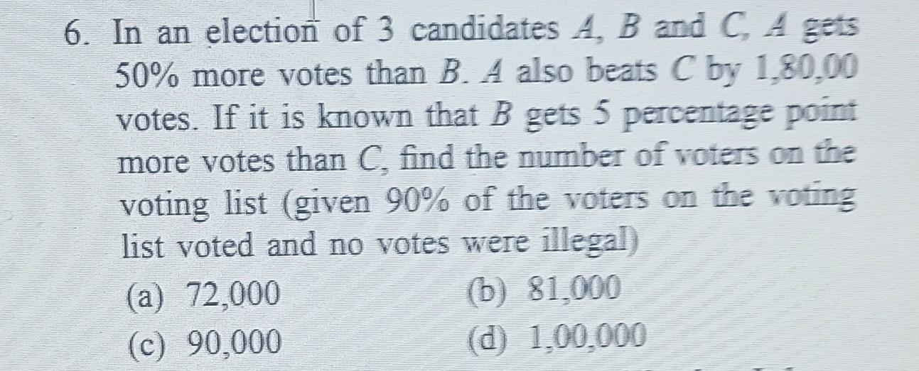 Solved 6. In An Election Of 3 Candidates A,B And C,A Gets | Chegg.com