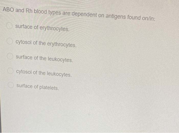 Solved ABO and Rh blood types are dependent on antigens | Chegg.com