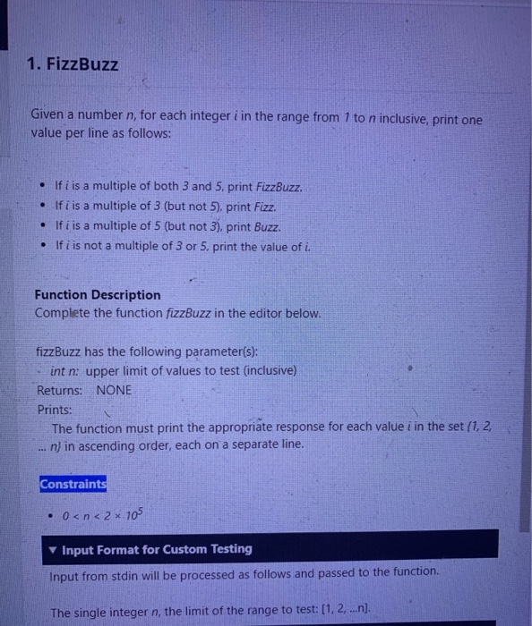 Solved 1 Fizzbuzz Given A Number N For Each Integer I I Chegg Com