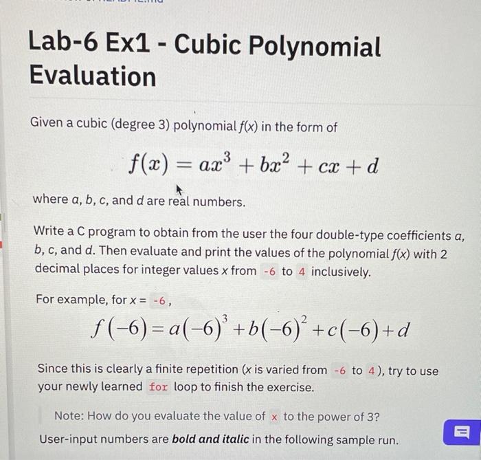 Solved Lab-6 Ex1 - Cubic Polynomial Evaluation Given a cubic | Chegg.com
