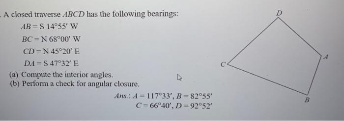 Solved A Closed Traverse ABCD Has The Following Bearings: | Chegg.com