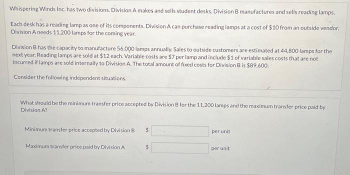 Solved Whispering Winds Inc. has two divisions. Division A | Chegg.com