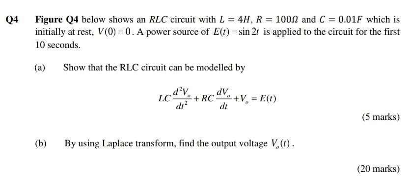 Solved Figure Q4 below shows an RLC circuit with L=4H,R=100Ω | Chegg.com