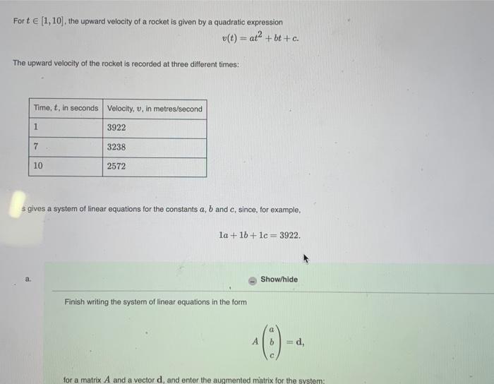 Solved For t∈[1,10], the upward velocity of a rocket is | Chegg.com
