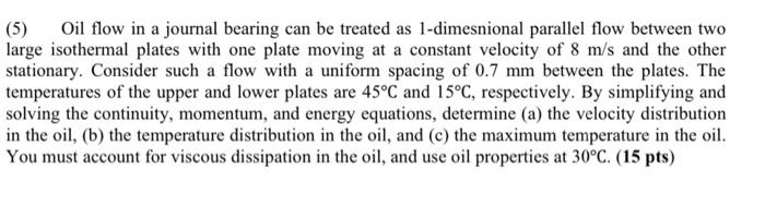 Solved (5) Oil Flow In A Journal Bearing Can Be Treated As | Chegg.com