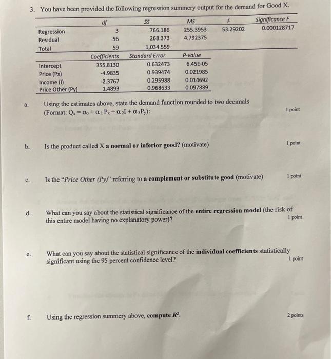 Solved 3. You have been provided the following regression | Chegg.com
