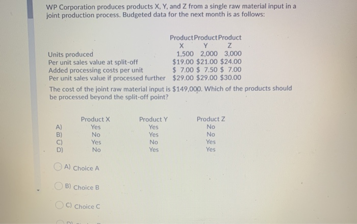 Solved WP Corporation Produces Products X, Y, And Z From A | Chegg.com