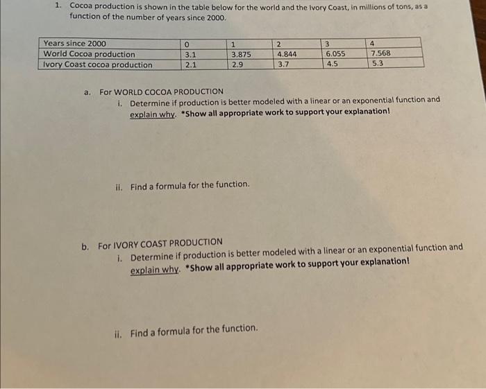 Solved 1. Cocoa Production Is Shown In The Table Below For | Chegg.com