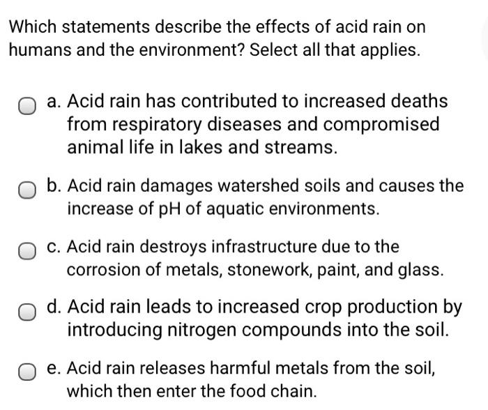Solved Which statements describe the effects of acid rain on
