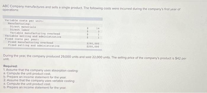 Solved ABC Company Manufactures And Sells A Single Product. | Chegg.com