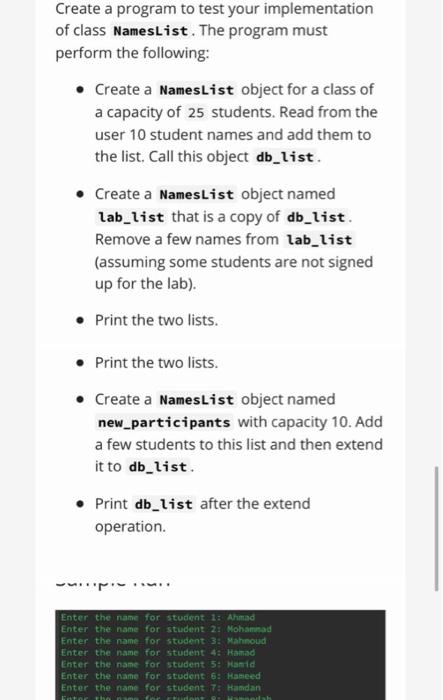 Solved Create a class for storing student names that has the | Chegg.com