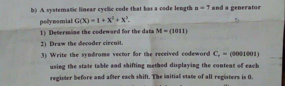b) A systematic linear cyclic code that has a code | Chegg.com