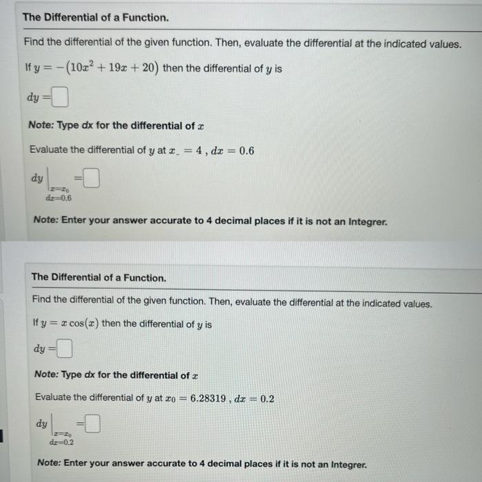 Solved The Differential of a Function. Find the differential | Chegg.com